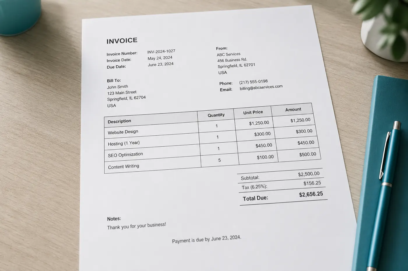 Printed invoice document on a desk photographed for image-to-text conversion