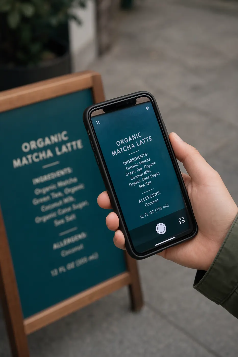 Smartphone photographing a printed menu or label to extract text with OCR